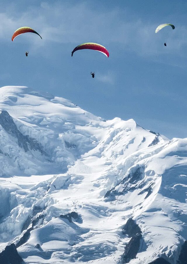 Life Happens Outdoors climbers crossing the Vallée Blanche beneath the Mont Blanc massif.